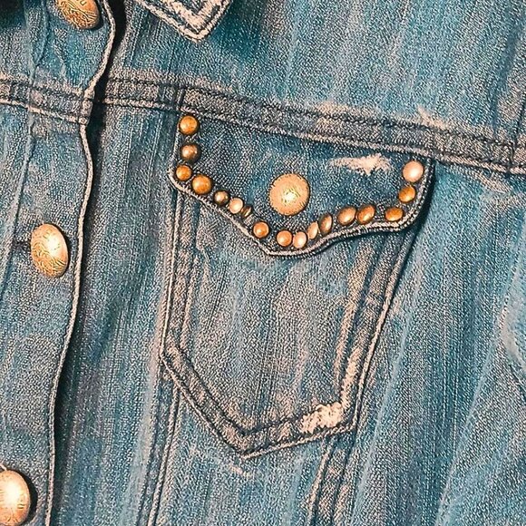 Y2K Womens Jean Jacket Size L Rustic Western Distressed Beaded Trucker Blue - Picture 2 of 6